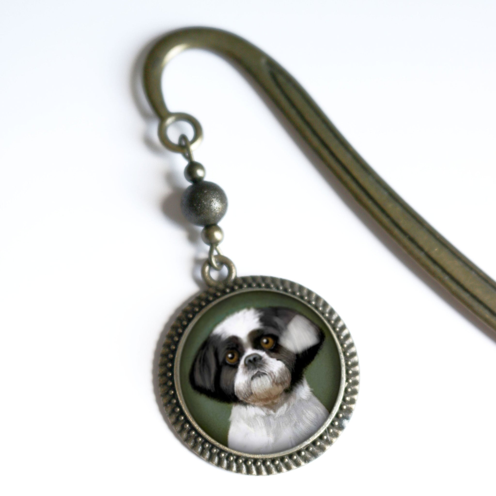 Shitzu Dog Glass Cabochon Brass Book Hook / Bookmark