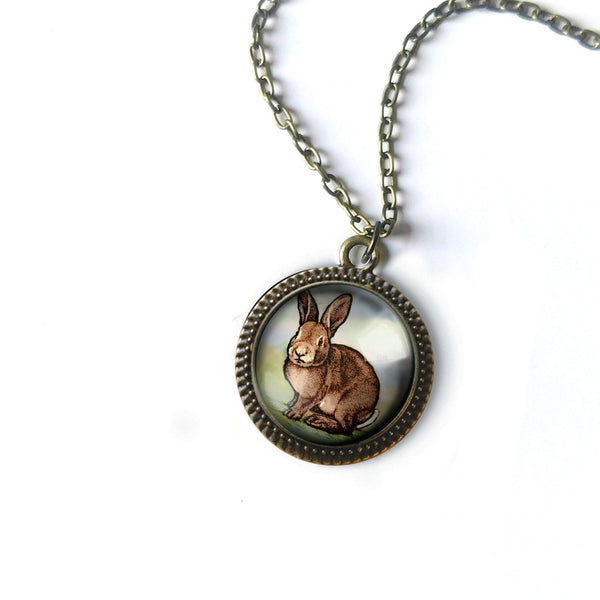 Baby Bunny Easter Rabbit Pendant Necklace in Simple Bronze Bezel