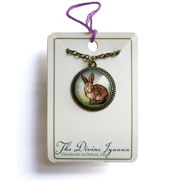 Baby Bunny Easter Rabbit Pendant Necklace in Simple Bronze Bezel