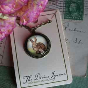 Baby Bunny Easter Rabbit Pendant Necklace in Simple Bronze Bezel