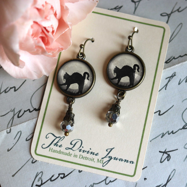 Grey Cat on Blue Full Moon Halloween Vintage Inspired Drop / Dangle Earrings