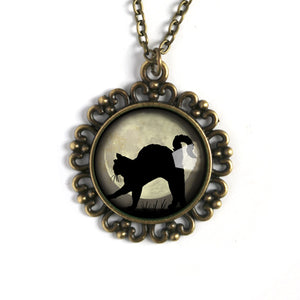 Black Cat on Grey Full Moon Large Pendant Necklace in Ornate Frame