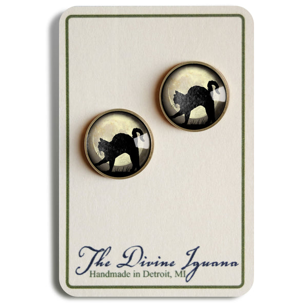 Black Cat on Grey Full Moon Vintage Inspired Stud Earrings