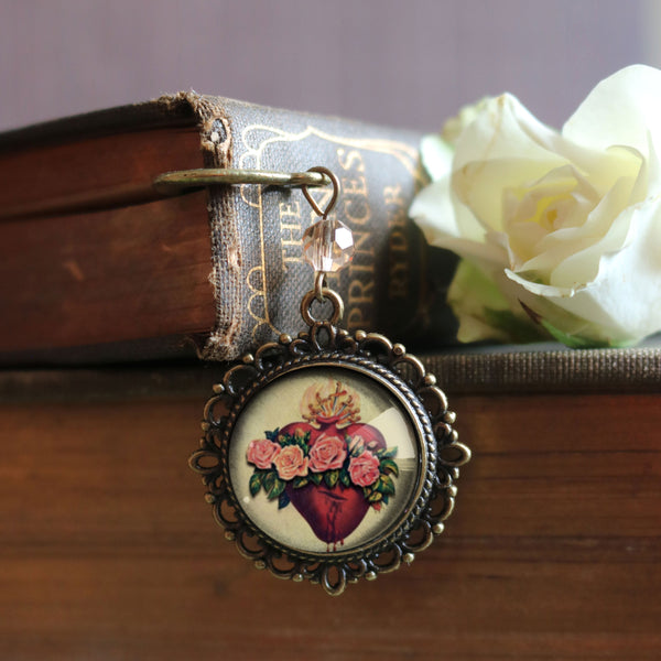 Immaculate Heart of Mary Glass Cabochon Brass Book Hook / Bookmark