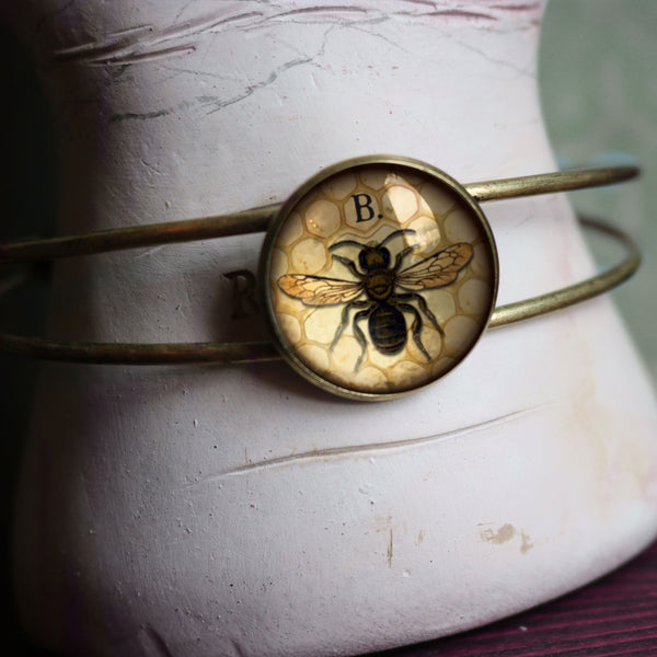 Honey Bee or Worker Bee Cuff Bracelet / Bangle in Antique Brass