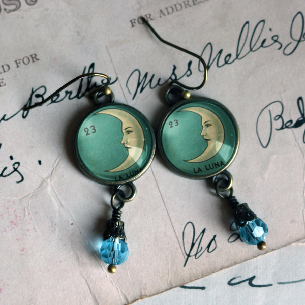 La Luna Loteria Themed Vintage Inspired Drop / Dangle Earrings