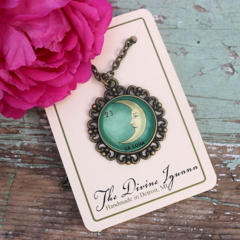 La Luna Moon Loteria Themed Large Pendant Necklace in Ornate Frame