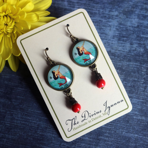 La Sirena Loteria Mermaid Vintage Inspired Drop / Dangle Earrings