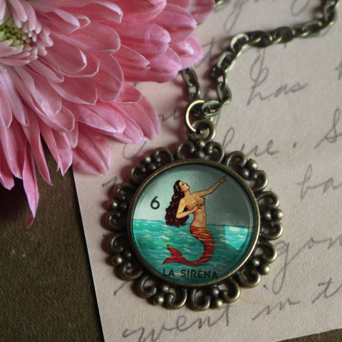 La Sirena Mermaid Loteria Themed Large Pendant Necklace in Ornate Frame