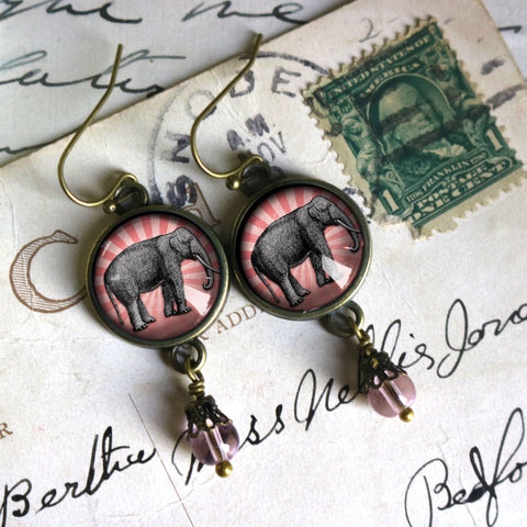 Pink Elephant Vintage Inspired Drop / Dangle Earrings