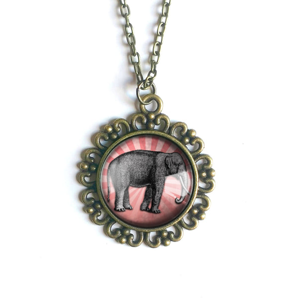 Victorian Elephant Large Pendant Necklace in Ornate Frame