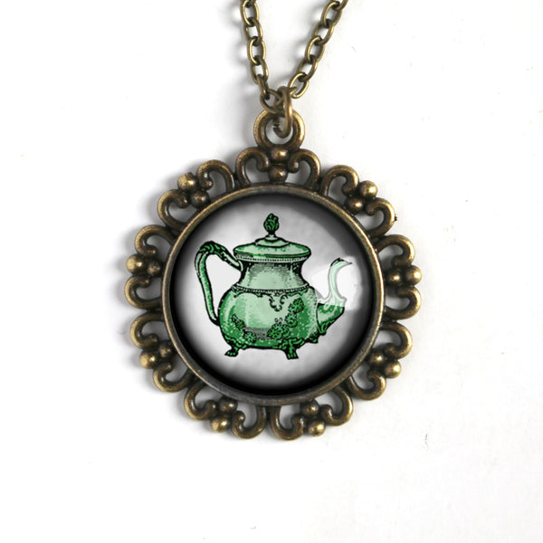 Green Victorian Teapot Large Pendant Necklace in Ornate Frame