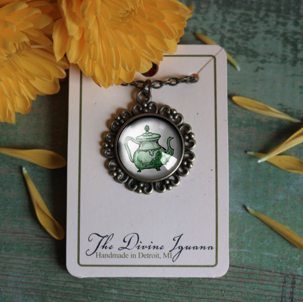 Green Victorian Teapot Large Pendant Necklace in Ornate Frame