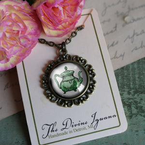 Green Victorian Teapot Large Pendant Necklace in Ornate Frame