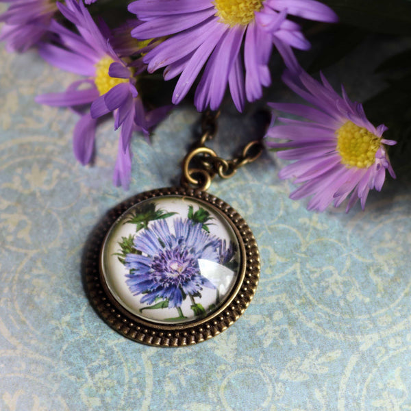 Purple Aster Wildflower Pendant Necklace