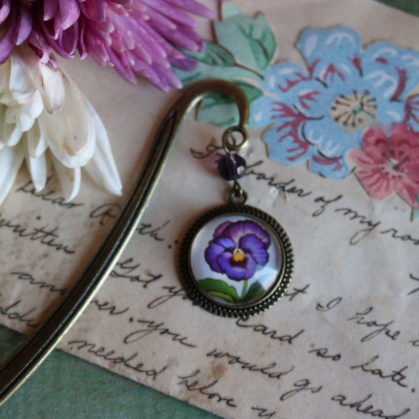 Purple Pansy Flower Glass Cabochon Brass Book Hook / Bookmark