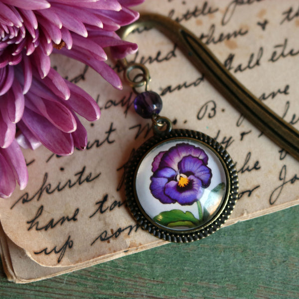 Purple Pansy Flower Glass Cabochon Brass Book Hook / Bookmark