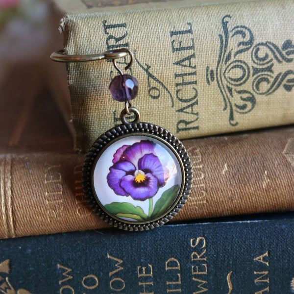 Purple Pansy Flower Glass Cabochon Brass Book Hook / Bookmark