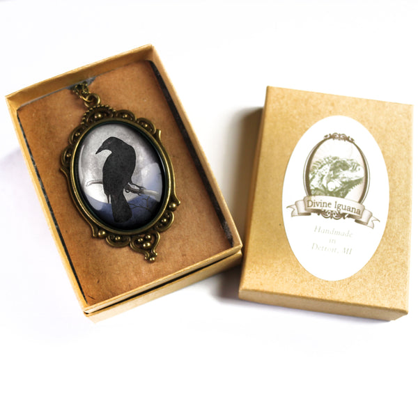 Moonlit Raven Ornate Oval Pendant Neckalce