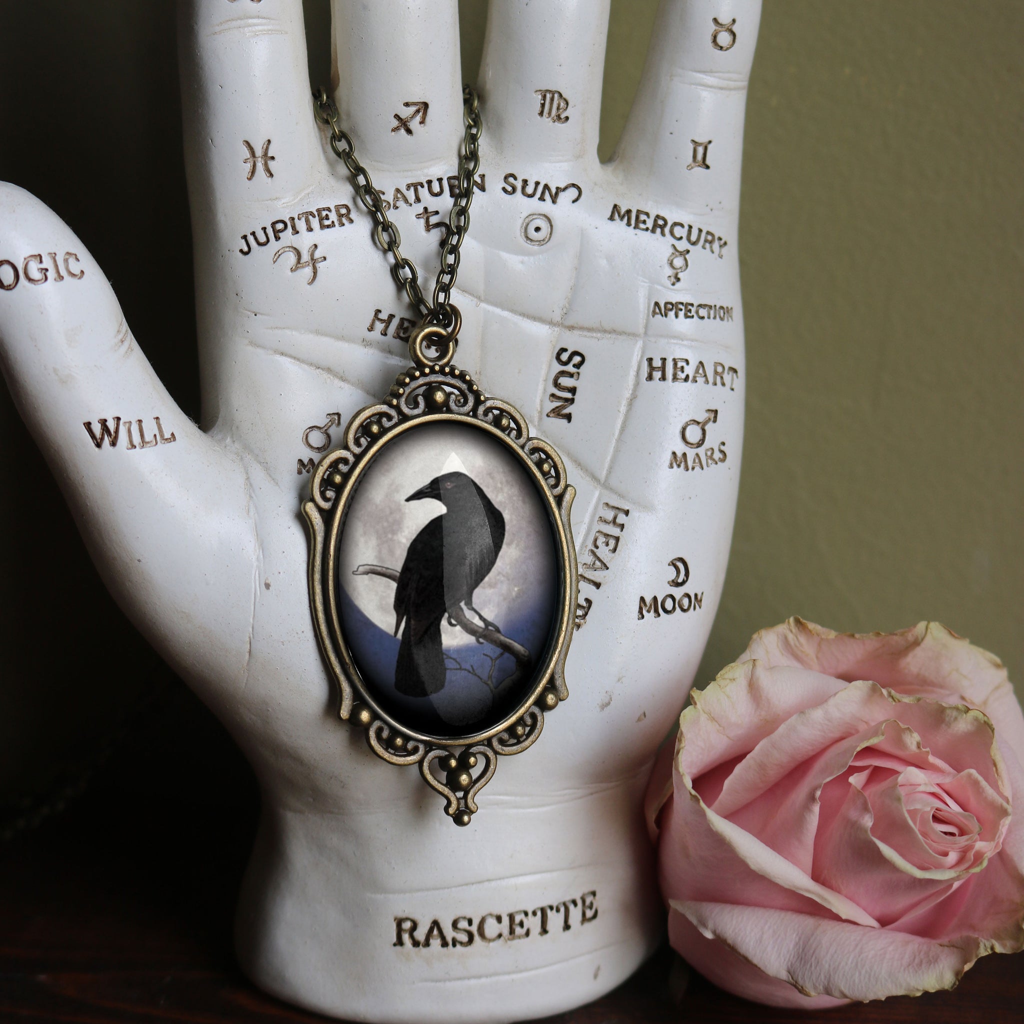 Moonlit Raven Ornate Oval Pendant Neckalce