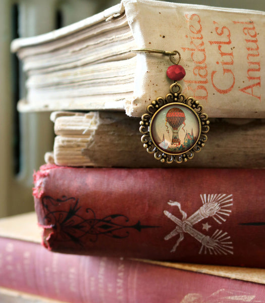 Steampunk Hot Air Balloon Glass Cabochon Brass Book Hook / Bookmark