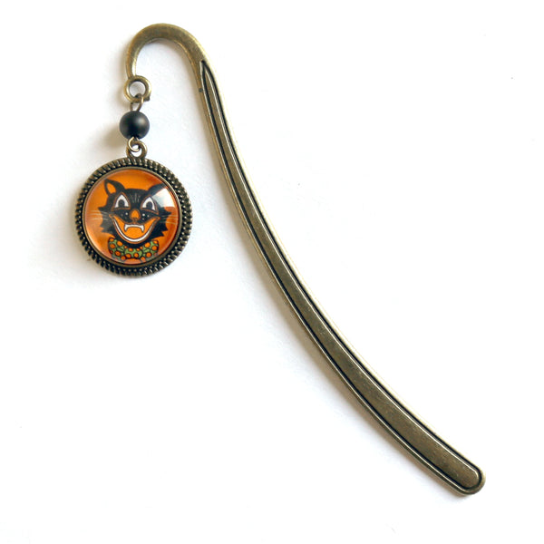 Retro Halloween Black Cat Glass Cabochon Brass Book Hook / Bookmark