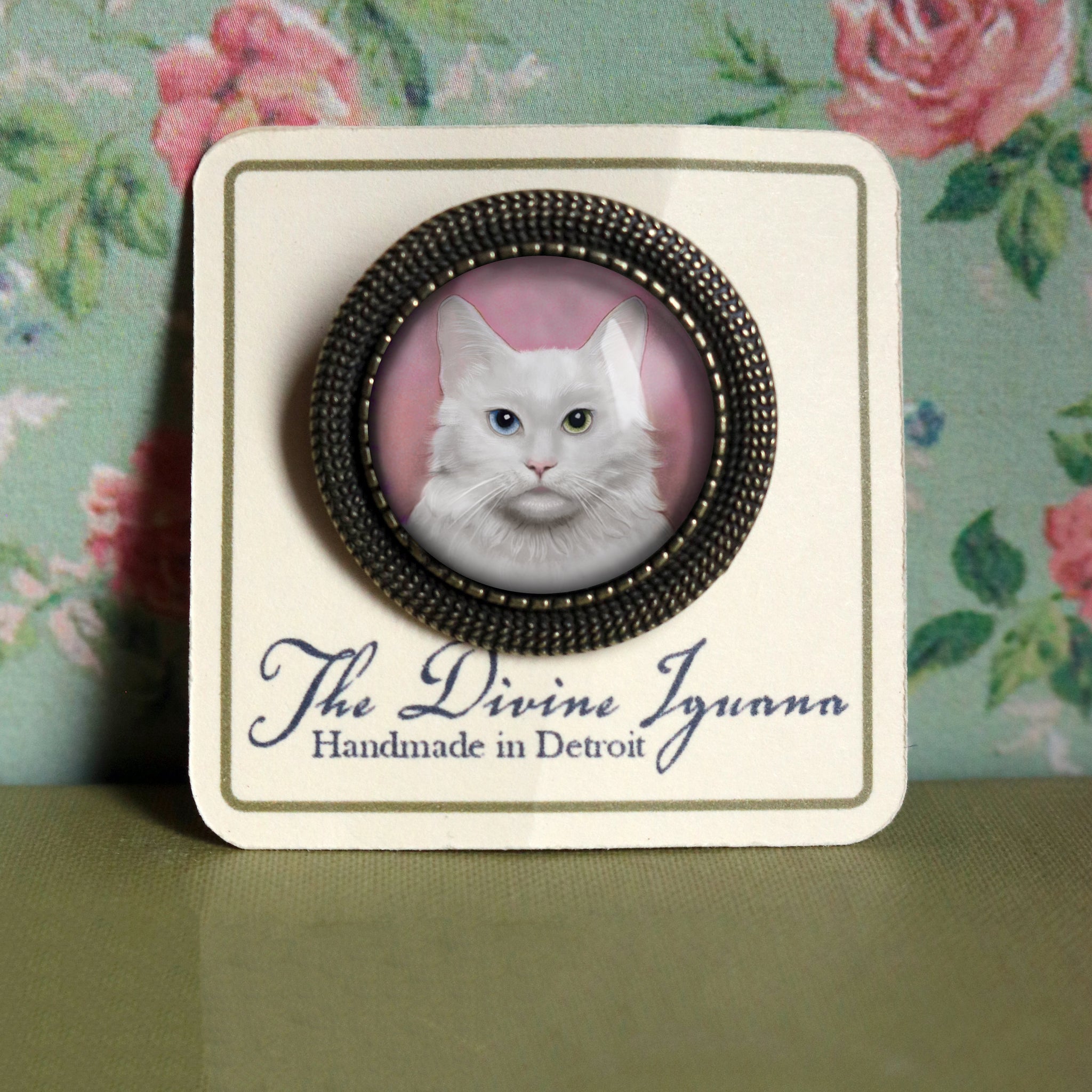 Long Haired White Cat Vintage Inspired Pin Brooch