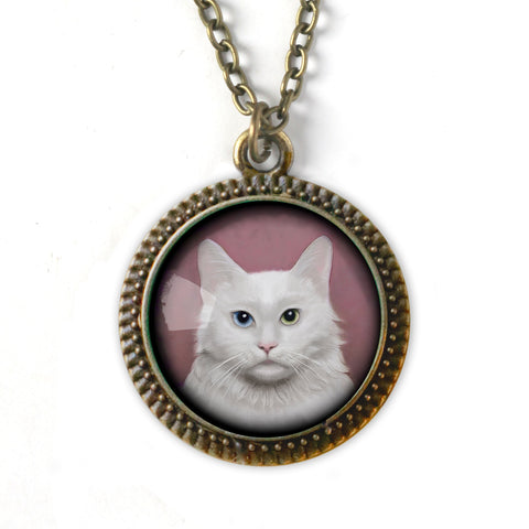 Long Haired White Cat Reverse Decoupage Glass Cabochon Pendant Necklace