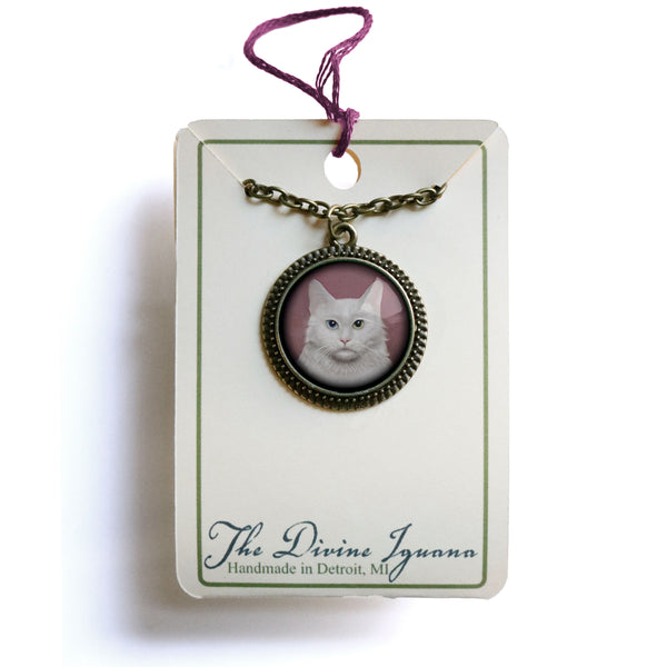 Long Haired White Cat Reverse Decoupage Glass Cabochon Pendant Necklace