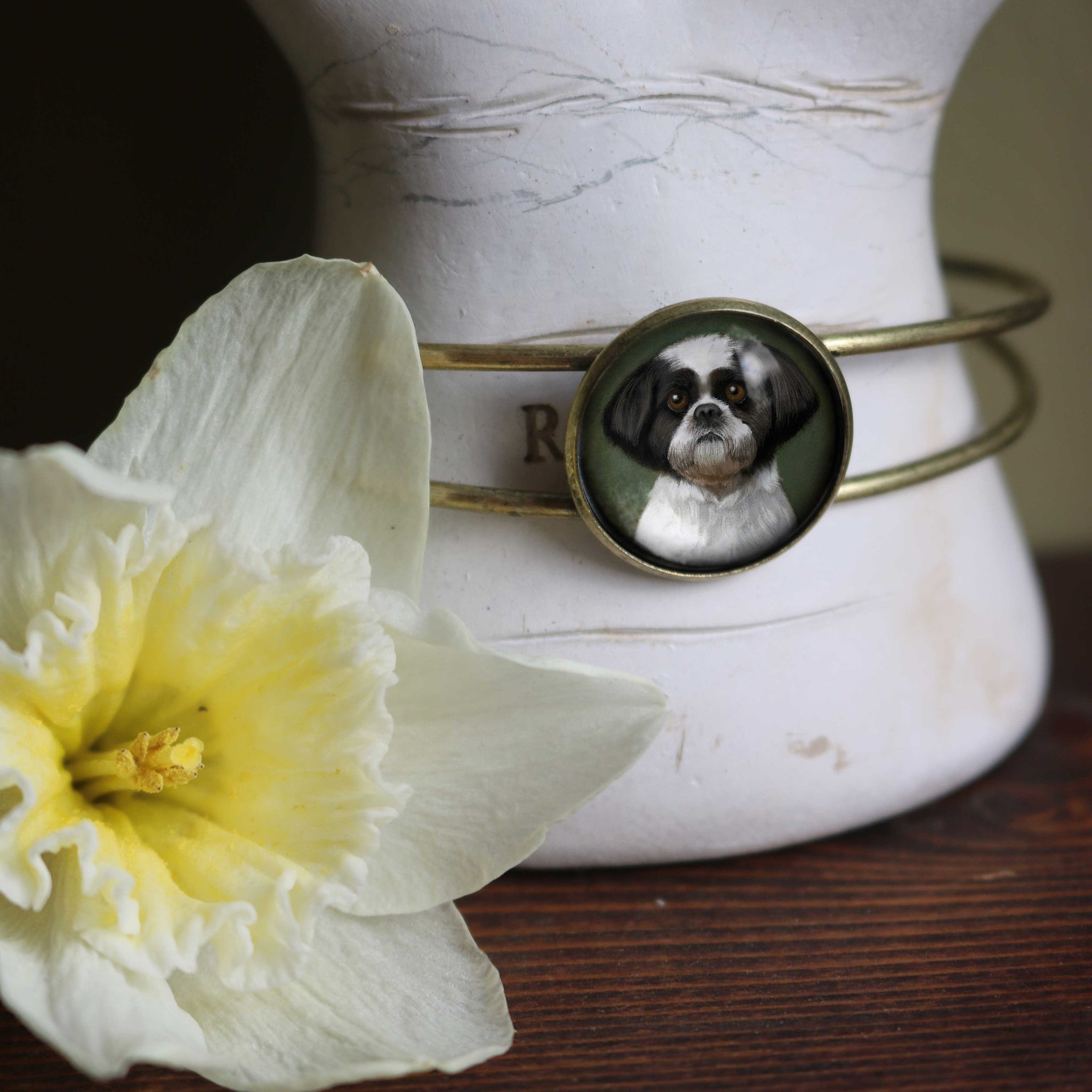 Best Friends Shitzu Dog Cuff Bracelet Antique Brass