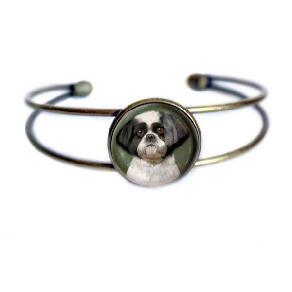 Best Friends Shitzu Dog Cuff Bracelet Antique Brass