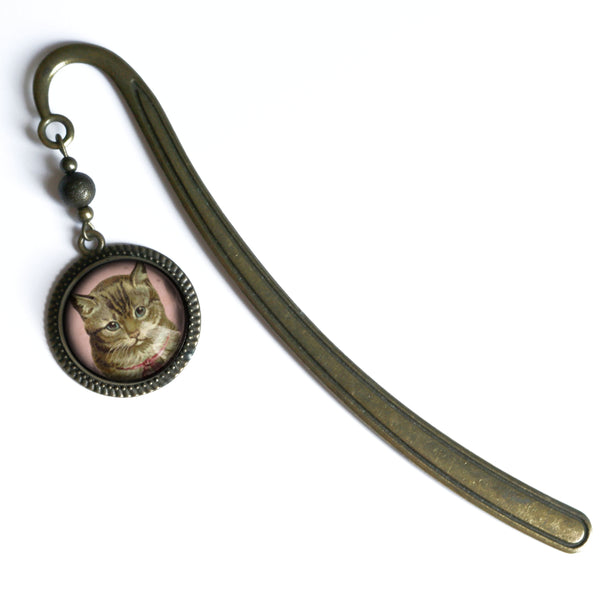 Victorian Tabby Cat Glass Cabochon Brass Book Hook / Bookmark