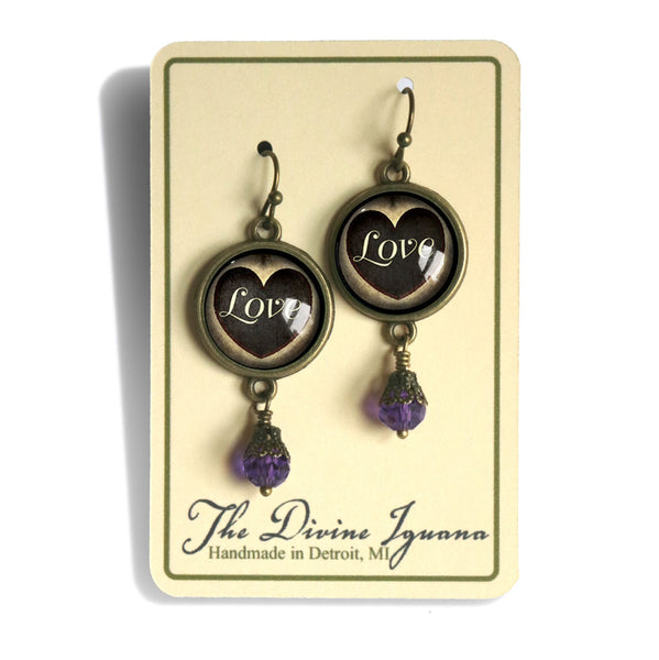 CLEARANCE Elegant Script Love Heart Valentine's Day Vintage Inspired Drop / Dangle Earrings