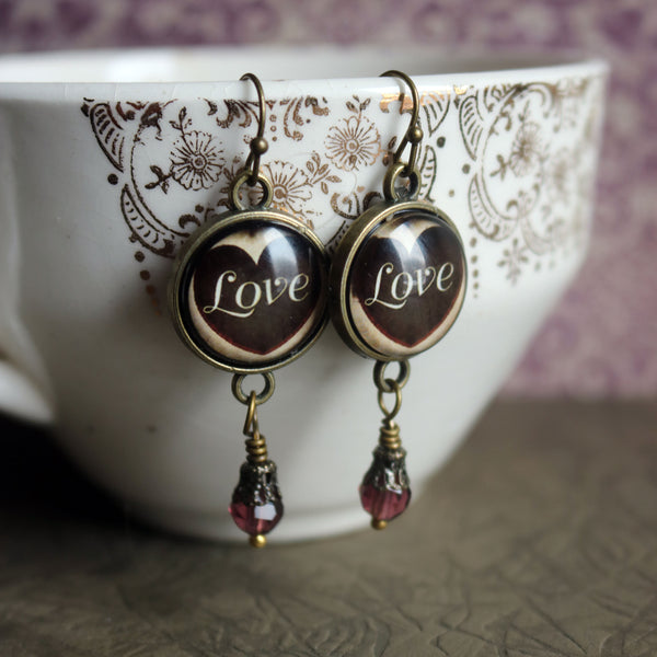 CLEARANCE Elegant Script Love Heart Valentine's Day Vintage Inspired Drop / Dangle Earrings