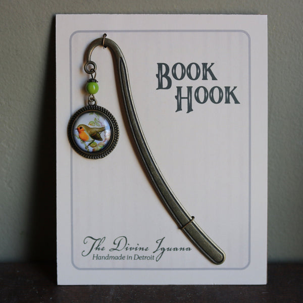 Spring Robin Glass Cabochon Brass Book Hook / Bookmark