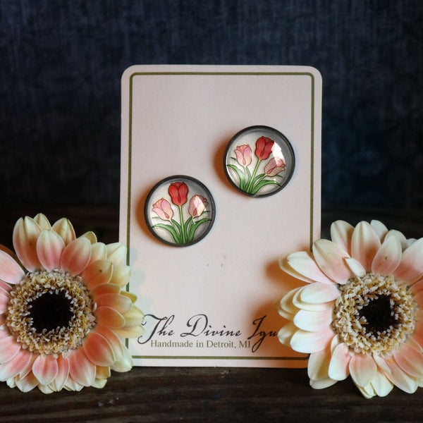 Spring Tulip Glass Cabochon Stud Earrings