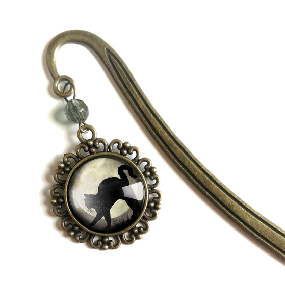 Black Cat on Grey Full Moon brass book hook bookmark with dangling glass cabochon accent