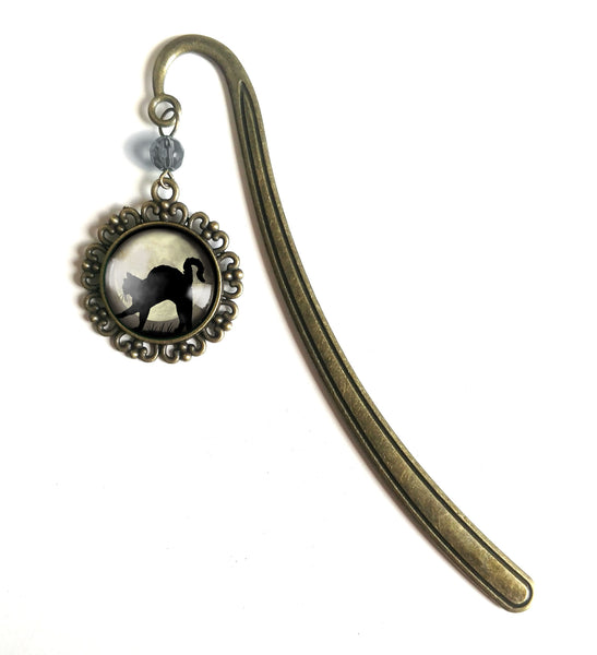 Black Cat on Grey Full Moon brass book hook bookmark with dangling glass cabochon accent