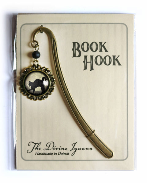 Black Cat on Grey Full Moon brass book hook bookmark with dangling glass cabochon accent