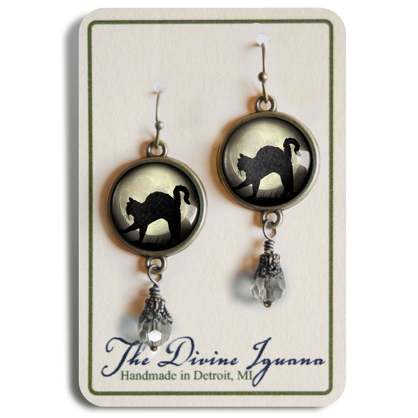 Grey Cat on Blue Full Moon Halloween Vintage Inspired Drop / Dangle Earrings