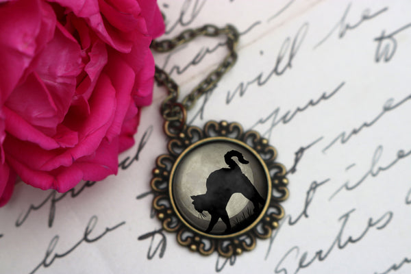 Black Cat on Grey Full Moon Large Pendant Necklace in Ornate Frame