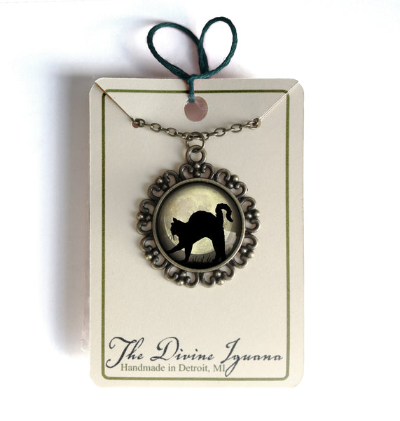 Black Cat on Grey Full Moon Large Pendant Necklace in Ornate Frame