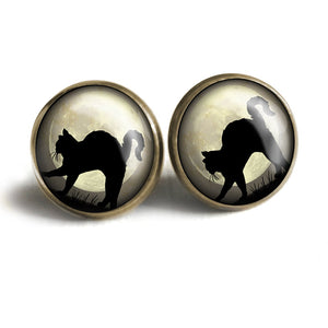 Black Cat on Grey Full Moon Vintage Inspired Stud Earrings