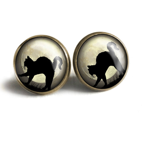 Black Cat on Grey Full Moon Vintage Inspired Stud Earrings