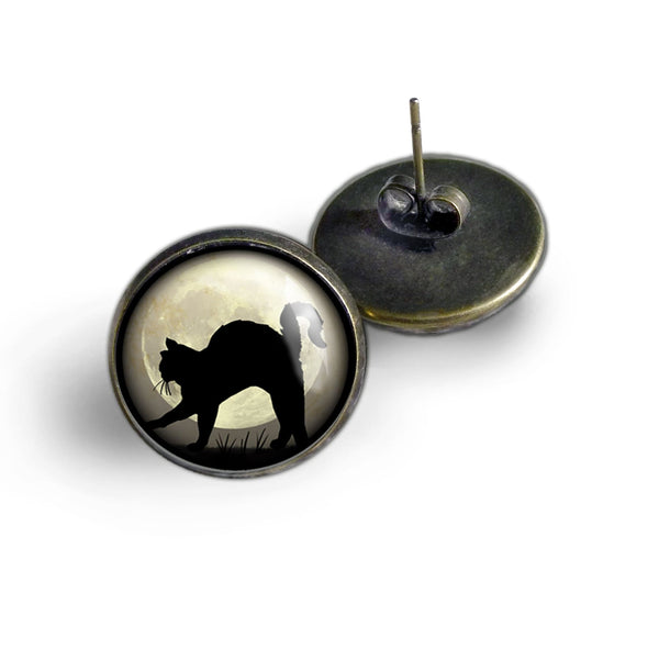 Black Cat on Grey Full Moon Vintage Inspired Stud Earrings