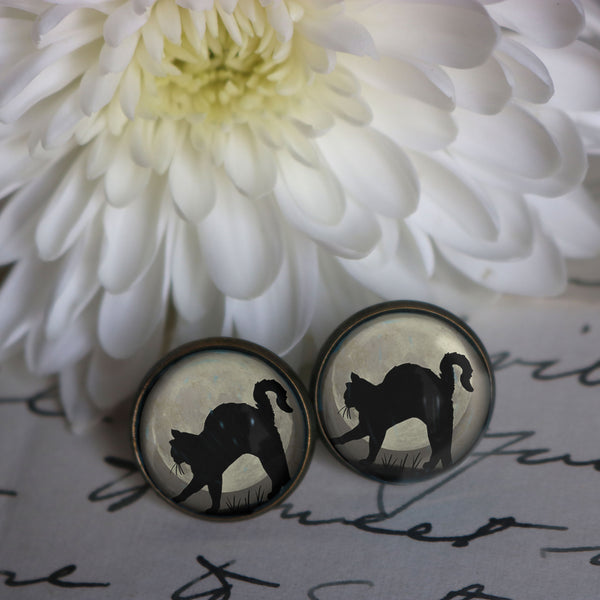 Black Cat on Grey Full Moon Vintage Inspired Stud Earrings