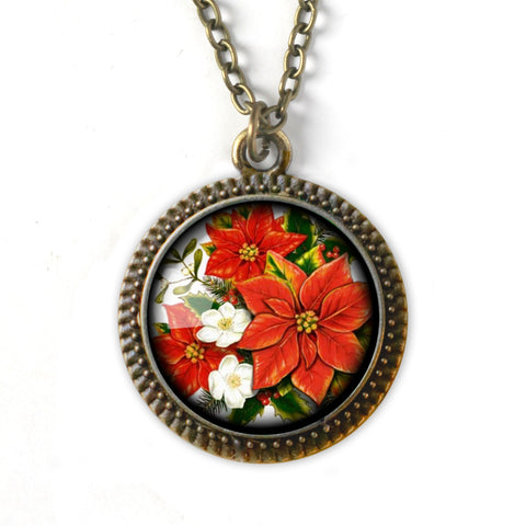 Victorian Poinsettia Large Pendant Necklace in Bronze Setting