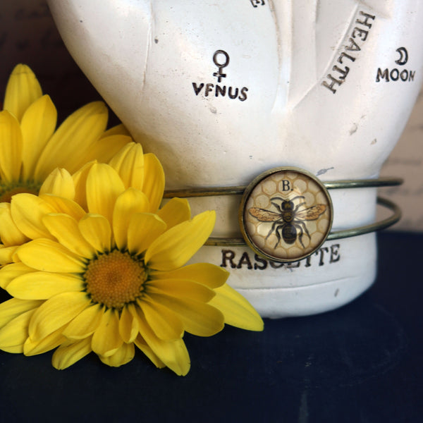 Honey Bee or Worker Bee Cuff Bracelet / Bangle in Antique Brass