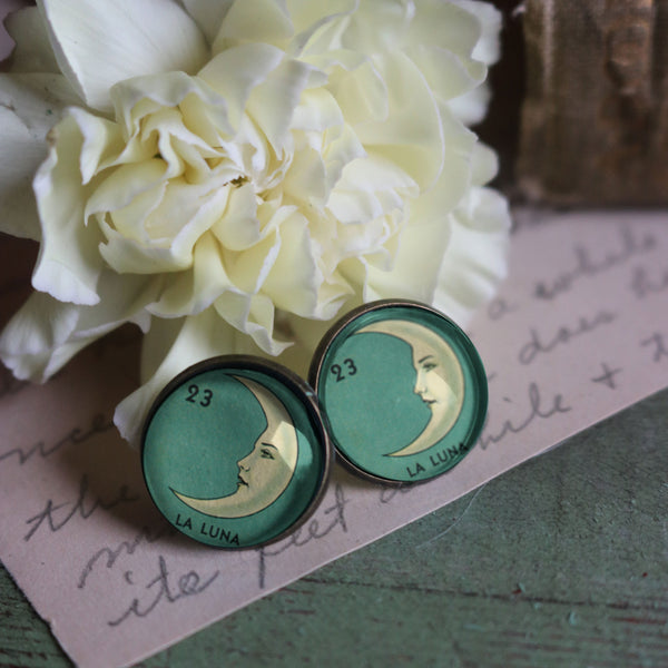 La Luna Crescent Moon Loteria Themed Vintage Inspired Stud Earrings