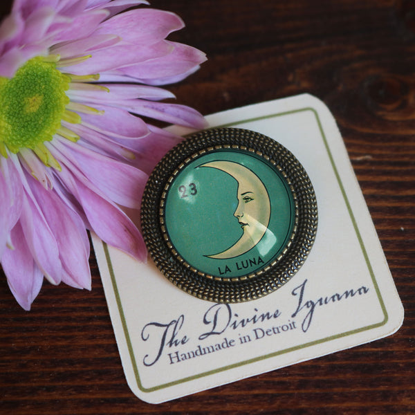 La Luna Moon Loteria Themed Vintage Inspired Pin Brooch